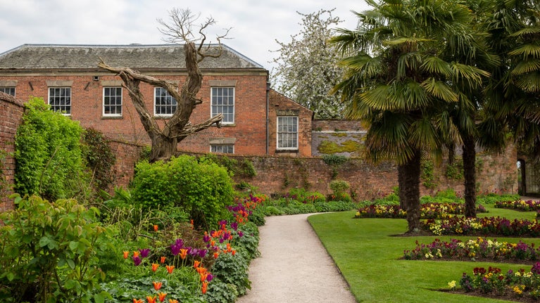 Images shows a corner of the Flower Garden bursting with spring flowers in the seasonal borders.